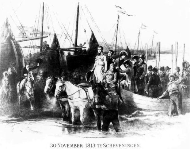 Aankomst van Willem 1 op het strand in Scheveningen.  Door Johannes Jacobus  Mesker 1843-1890. 