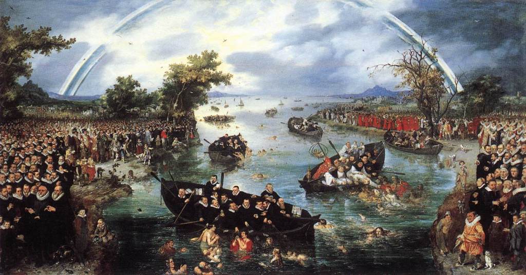 De schilder Adriaen van de Venne heeft in 1614 dit schilderij gemaakt. Je ziet aan de linkerkant de Protestanten en aan de rechterkant de Katholieken. De bootjes ‘vissen’ mensen uit het water. Het bootje linksvoor is een Protestantse boot, het bootje rechts een Katholieke boot. Oorspronkelijk stonden de mensen in het water bij het Katholieke bootje er niet op, de schilder heeft dat er later bijgeschilderd.  Je kunt goed zien aan het schilderij aan welke kant de schilder stond, namelijk de Protestante kant. De linkerkant ziet er beter uit, veel mensen, heldere lucht, bloeiende bomen. Als je naar de rechterkant kijkt ziet het er een stuk minder vrolijk uit, minder mensen, donkere lucht, dorre bomen.  De regenboog op het schilderij is een teken van vrede, maar je ziet dat de regenboog aan de bovenkant onderbroken wordt. Op het moment van schilderen was er namelijk ook nog geen godsdienstvrijheid. 