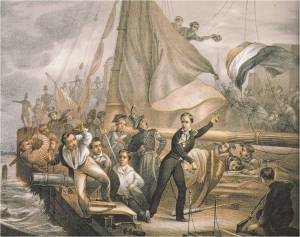 Scheepsjongen Wijler springt van boord nadat van Speyk had geroepen: “Berg je billen, jong!” J. Eeckhout, 1832