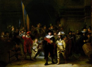De Nachtwacht van Rembrandt van Rijn. Omdat de schutters vonden dat zij niet herkenbaar afgebeeld waren is het schild rechtsboven met de namen van de schutters geplaatst. Van links naar rechts zie je een ritueel van het schieten op de achtergrond terug.  Ook opvallend is het kleine meisje links op het schilderij. Zij draagt om haar middel een dode kip, met de klauwen omhoog. Dit zou een symbool voor de kloveniers.